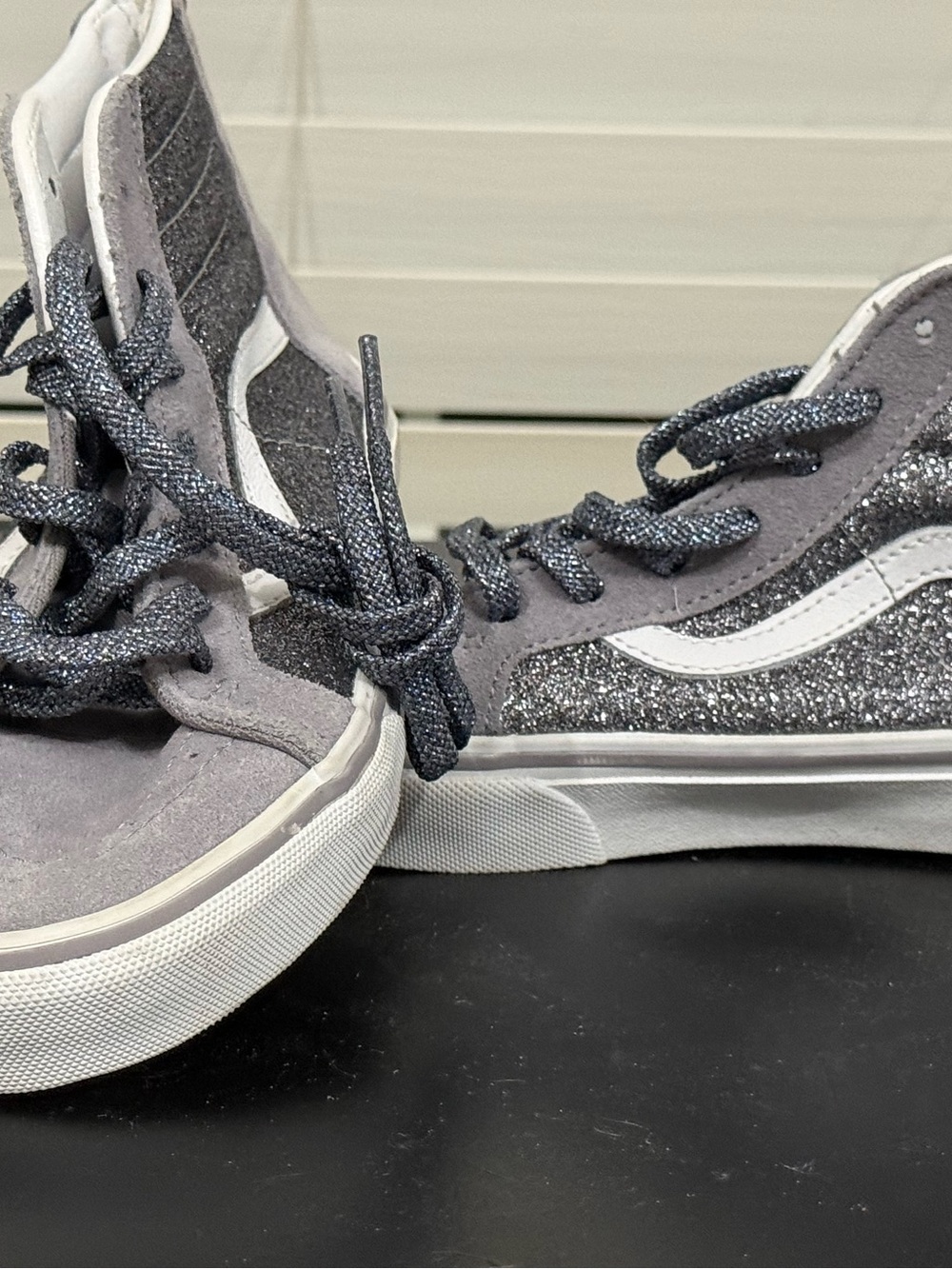 Vans Kids High-Top Glitter Sneakers in Gray and White